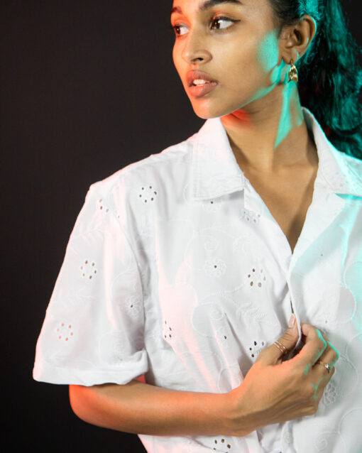 Dblaq Floral Lace Revere Collar Shirt in White